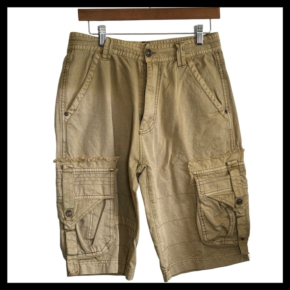 NWT Vintage Brass‎ Mens Cargo Shorts Khaki Tan Cotton Frayed Utility Size 30 NWT